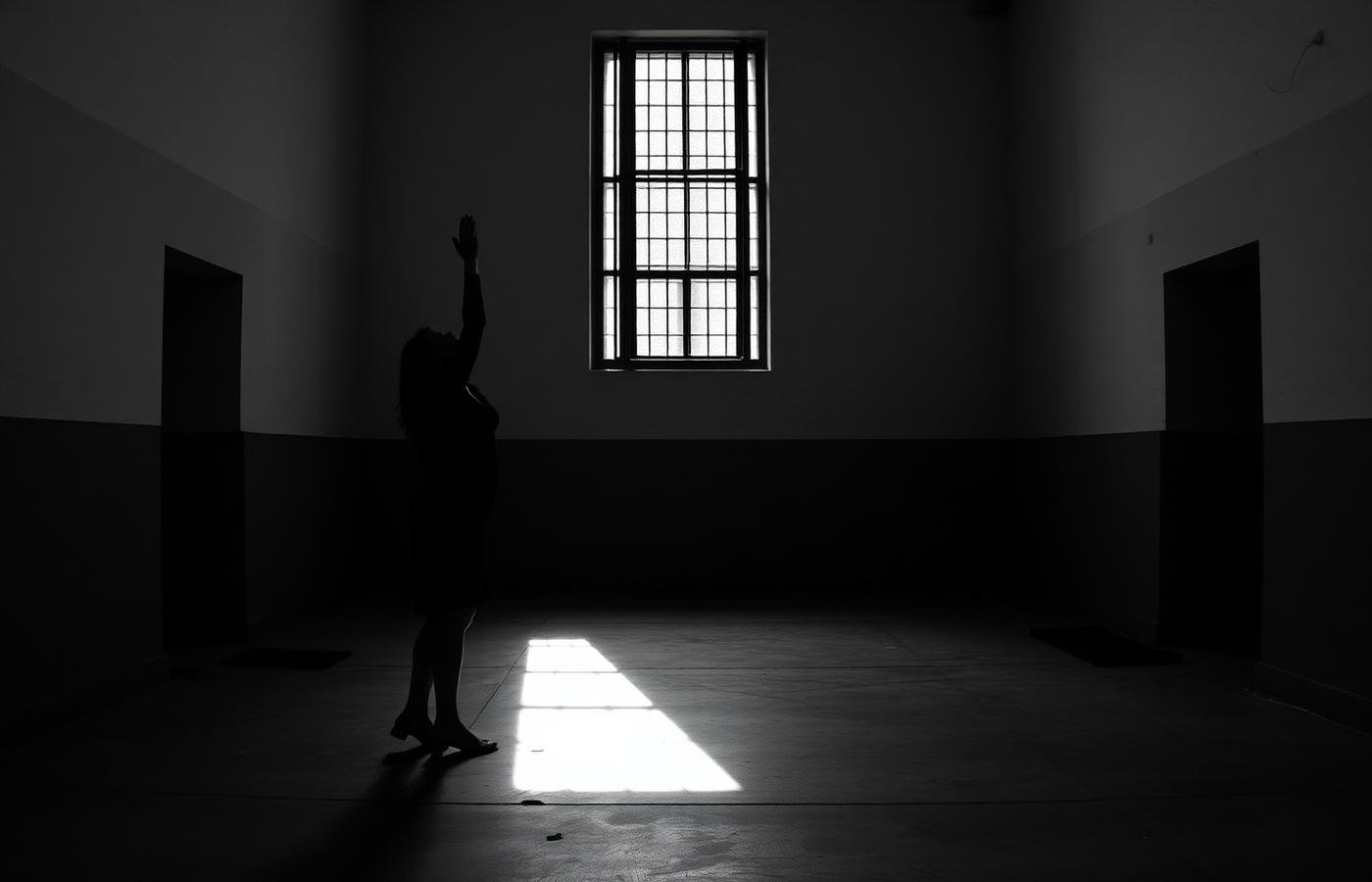 Atelier de danse en milieu carcéral : silhouette d'une femme dansant dans une salle traversée par la lumière